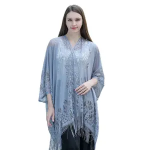 Kimono gris argenté en dentelle grande taille pour femmes printemps automne Cardigan en dentelle Cover Up