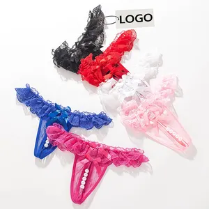 Sous-vêtements en dentelle sexy avec nœud Lingerie érotique pour femmes Culotte entrejambe ouvert perlé - Product Image 1