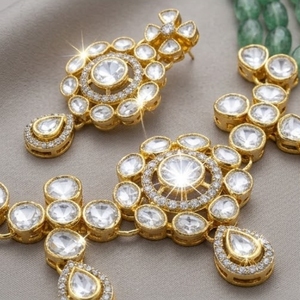 Traditional Green Stone Kundan 925 silver <b>Necklace</b> Set Gold Plated Bridal Jewelry with Earrings for Wedding Party Wear - Product Image 2