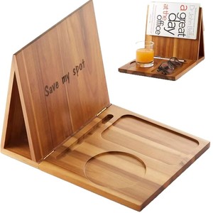Soporte de lectura plegable de bambú con portavasos para escritorio, soporte para libros y organizador - Product Image 1