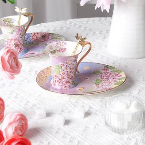 Tasse et soucoupe en émail de haute qualité, style simplicité moderne, motif floral et oiseaux rose, avec cuillère incluse - Product Image 3