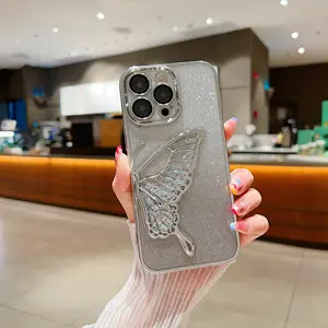 ใหม่หรูหราชุบ 3D Glitter Quicksandผีเสื้อสําหรับIphone 15 14 13 12 11 Pro Maxฟูลเลนส์ป้องกันกรณี