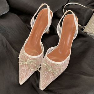 2025 New <b>White</b> Patent Leather Mesh Ankle Strap High <b>Heels</b> Fashionable Sexy Anti-Slippery Sandals Breathable Summer Bride Wedding - Product Image 1