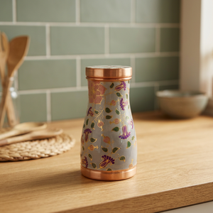 Premium Printed Pure Copper Bedside Water Carafe Jar 950ml Gold Foil Floral Pattern <b>Pot</b> Luxury Meenakari Metal Drinkware <b>Set</b> - Product Image 1