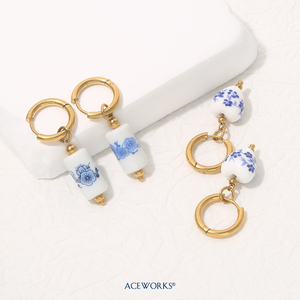 Pendientes de Porcelana Pintados a Mano |   Pendientes de Aro de Acero Inoxidable con Baño de Oro PVD de 18K y Cuentas de Cerámica |   Impermeable, Hipoalergénico y Duradero - Product Image 6