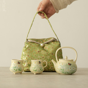 Modern Hand-Painted Kung Fu Tea Set Underglaze Color Oil Painting Daisy One Pot Two Cups Portable Storage Bag for Travel Tea Set - Product Image 1
