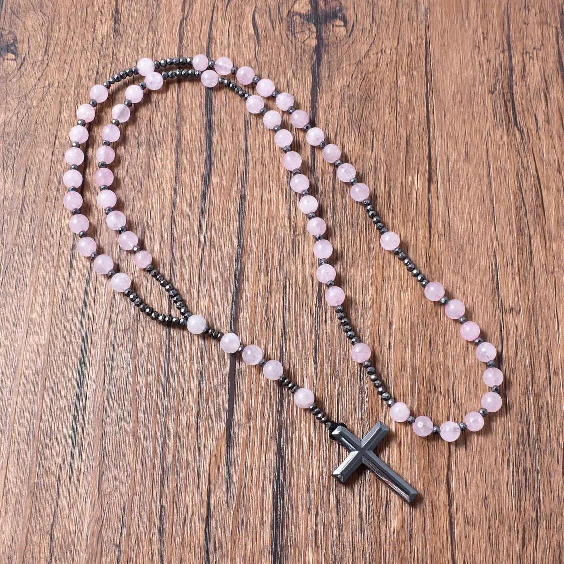 Hoa Hồng Tự Nhiên Thạch Anh Hematite Cross Mặt Dây Chuyền Đá Bảo Vệ Quà Tặng Công Giáo Trang Sức Kitô Giáo Kinh Mân Côi Thiền Mala