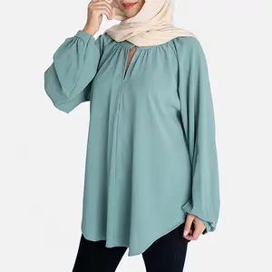 मध्य पूर्व मुस्लिम ठोस रंग महिलाओं के फैशन सरल मध्य लंबाई ब्लाउज बुनियादी में सबसे ऊपर के लिए अंगरखे लालटेन आस्तीन आकस्मिक शर्ट थोक