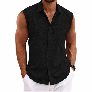 Camisa Casual Sólida <span class=keywords><strong>sin</strong></span> <span class=keywords><strong>Mangas</strong></span> para Hombre, con Botones, Cuello en V Personalizado, <span class=keywords><strong>Sobrecamisa</strong></span> Holgada de Algodón y Lino para Hombre - Product Image 2