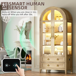 Vitrina Moderna de <span class=keywords><strong>Madera</strong></span> Arqueada de 71 Pulgadas con Puertas de Vidrio, 2 Estantes y 2 Cajones para Sala de Estar y Uso en Hoteles - Product Image 4