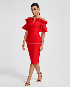 Ocstrade Trending Products <span class=keywords><strong>Vestido</strong></span> de cóctel elegante para mujer Diseño de orillo fibroso Manga corta Slim Fit Vestidos de vendaje rojos 2024 - Product Image 4