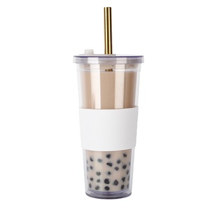 2023 New arrival BPA free double wall 24oz/700ml reusable bubble tea cup custom plastic tumbler with sleeve
