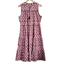 Robe longue en coton rose imprimée sans manches avec col à franges, coupe décontractée, style étagé, pour un look décontracté estival au quotidien