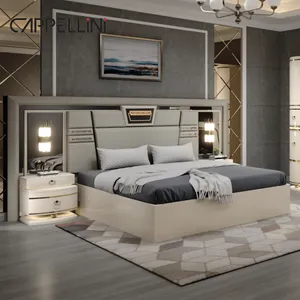 2024 nuovo Design moderno doppio letto matrimoniale in pelle casa camera padronale lusso in legno King Size bianco pieno Set di mobili camera da letto