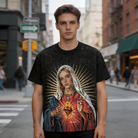 T-shirt personnalisé avec impression DTG, motif Cœur Sacré, style vintage délavé, coupe oversize, streetwear en coton pour la vente en gros