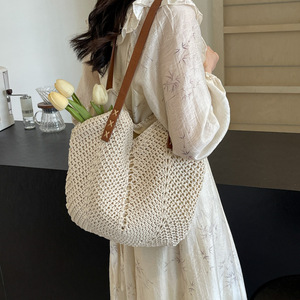 Summer Large Capacity Casual Beach <b>Tote</b> Handbag 2026 New Korean Style Woven <b>Zipper</b> Closure Two Straps Shoulder <b>Bag</b> for Women - Product Image 1