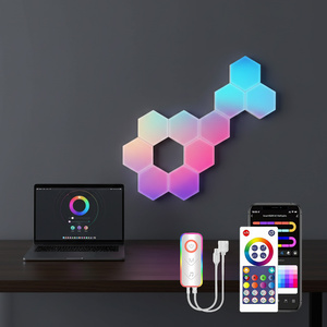 Lumière murale hexagonale intelligente RGBIC synchronisée avec la musique, panneau LED modulaire en forme <span class=keywords><strong>de</strong></span> nid d'abeille pour salle <span class=keywords><strong>de</strong></span> fête, bar et salon avec application vocale - Product Image 1