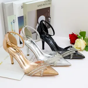 Wholesale Custom Fashion Elegant Wedding Pointed PVC Transparent Sandals Shoes Thin Heeled Rhinestone Heeled Sandals