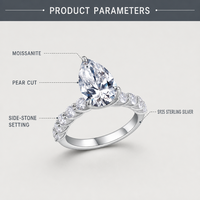 Bague de fiançailles en moissanite argentée, taille poire, trois griffes, pavé, pierres latérales, pour femme, mariage, vente en gros