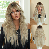 Peluca de Cabello Sintético de 26 Pulgadas, Ombre de Raíz Oscura a Rubio Cenizo, Larga con Flequillo Cortina, Fibra Resistente al Calor, Aspecto Natural Mate