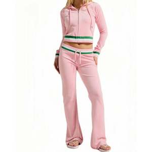 Stylish Pink Knit Set - Cropped Zip - up Hoodie High - Waist Flared <strong>Pants</strong>, <strong>Ribbed</strong> Knit Lounge Set Casual Wear - Product Image 1