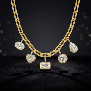 Collar con Colgante de Diamantes en Oro Amarillo con Corte Esmeralda en Forma de Corazón y Perlas Redondas con Engaste de Bisel, Cadena de Eslabones, Joyería de Lujo para Mujer - Product Image 3