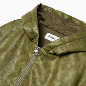 High Quality Custom Logo Green Vintage Street Wear Pu Leather <b>Jackets</b> Oversize Heavyweight <b>Zip</b> <b>up</b> Leather Hoodies - Product Image 3