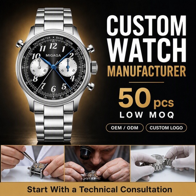Migaga Custom Quartz Watch Stainless Steel Case Leather Strap Sapphire Crystal Dial 100m Water Resistance Men Watch