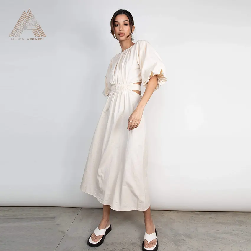 ALLICA New 2022 Design Green White Puff Sleeves Dress Women Elegant Casual A-Line Summer Linen Maxi Ruffled Dress with Lace-up