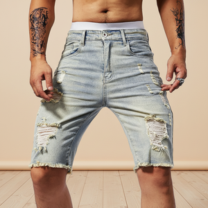 Shorts <span class=keywords><strong>en</strong></span> <span class=keywords><strong>jean</strong></span> déchirés pour hommes, 5 pouces, décontractés d'été, avec trous, coupe slim, style streetwear, vente <span class=keywords><strong>en</strong></span> gros - Product Image 1