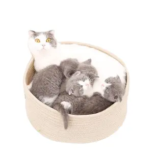 2022 New Style Cotton Thread Woven Cat Bed Big Round Woven Basket Cat Scratching Rope Bed Nest Durable Warm Pet Basket Sleeping