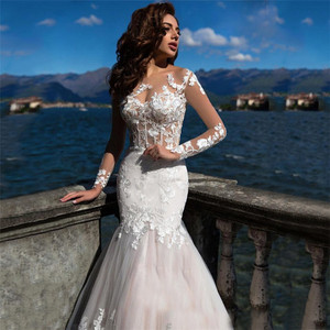 Vestido de novia nigeriano blanco elegante de manga larga con flores de encaje de lujo chino para mujer, capilla bordada de pescado adelgazante - Product Image 3