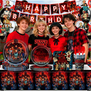 NUEVO Juego de Vajilla para Fiesta de Cumpleaños con Temática de <span class=keywords><strong>Stranger</strong></span> Things, Decoración para Regalo de Cumpleaños para Fanáticos de la Película, Pancarta de Feliz Cumpleaños - Product Image 6