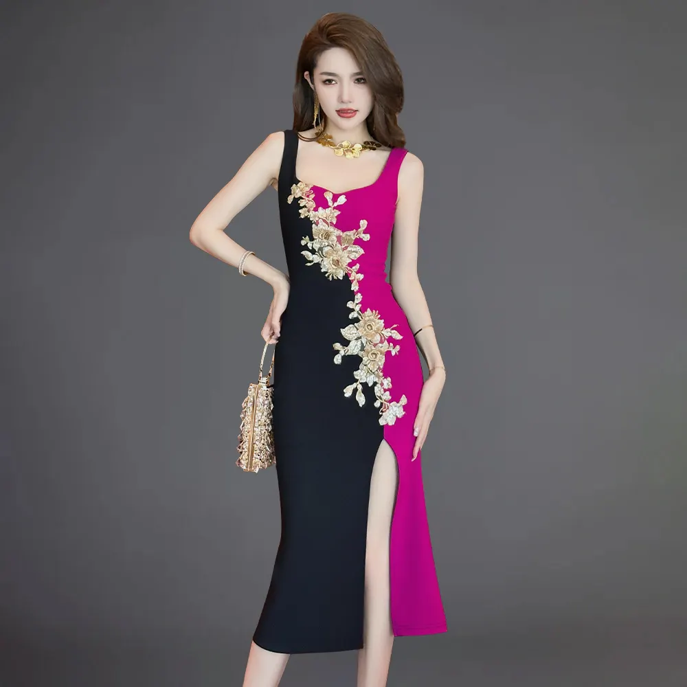 ZYHT 50160 여름 신상품 패션 디자이너 로우 컷 사이드 스플릿 플라워 자수 Bodycon 드레스 파티 클럽 드레스