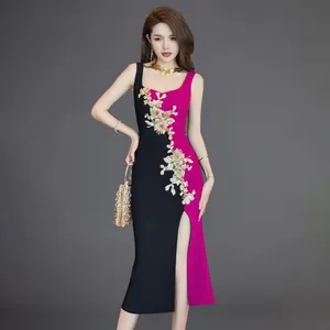 ZYHT 50160夏季新款时装设计师低胸侧分叉花刺绣紧身连衣裙派对俱乐部连衣裙