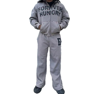 2025 Custom Street Hip Hop Style Hombres Conjunto de alta calidad Cremallera de lujo Sudadera con capucha con estampado de pantalla Rhinestone Ropa de hombre de gran tamaño - Product Image 2