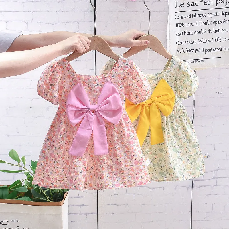 Sommer Baby Mädchen Kleider Mode Kleinkind Blumen Puff Ärmel Bogen Prinzessin Kleid Kleinkind Casual Cute Kleidung