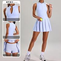 Robe de sport deux pièces nue à fermeture éclair, costume de tennis anti-éblouissement pour femme, robe de tennis de fitness en plein air