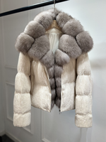 Janveny Nouvelle Veste Courte Matelassée Hiver Oversize en Véritable Fourrure de Renard et de Raton Laveur avec Paillettes, Entièrement Zippée, Chaude, pour Femme, en Duvet de Canard Blanc