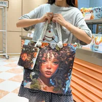 Sac fourre-tout de rangement noir grande capacité Yuanchuang Afrique de l'Ouest, en toile, fait main, avec fermeture éclair, motif dessin animé coloré