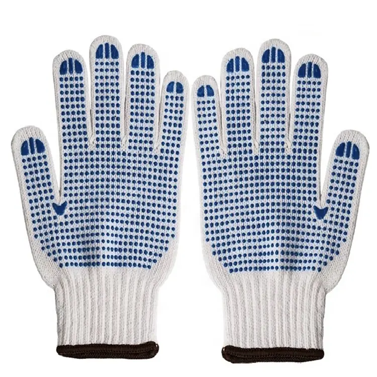 ถุงมือผ้าฝ้ายถักแบบสองด้าน,ถุงมือนิรภัยสำหรับทำงานลายจุดสีฟ้าจากโรงงานโดยตรง
