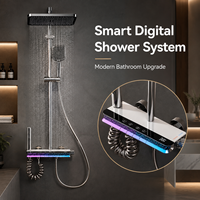 Ensemble de douche thermostatique mural en laiton avec affichage numérique, commande à touches piano, mitigeur pluie et cascade, et système de jets de massage