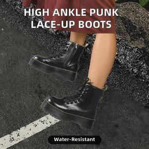 Botas de Invierno para Mujer, Estilo Western, Punta Abierta, PU, Tobillo Alto, Suela Gruesa, Ligeras, Clásicas, Punk, con Cordones, Venta Directa de Fábrica - Product Image 2