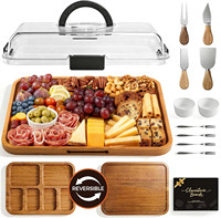 Plateau de service portable pour camping, plateau de fête de Noël, planche à fromage et charcuterie en bois de bambou avec couvercle, ensemble de couteaux et bols