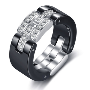 Anillo Plegable de Acero Inoxidable con Cadena de Cerámica de 8 mm y Diamantes Incrustados, Blanco y Negro, Joyería Unisex para Regalo - Product Image 2