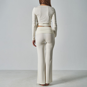 SUHE Top de Yoga de Manga Larga de Modal de Alta Densidad con Tirantes y Pantalones Holgados de Cintura Alta, Suaves al Tacto, Rosa/Blanco Hueso/Negro - Product Image 3