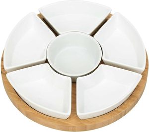 Plateau <span class=keywords><strong>tournant</strong></span> Lazy Susan avec 6 compartiments en céramique pour desserts, chocolats, amuse-gueules, plateau en bambou, assiette 11,4'' - Product Image 3