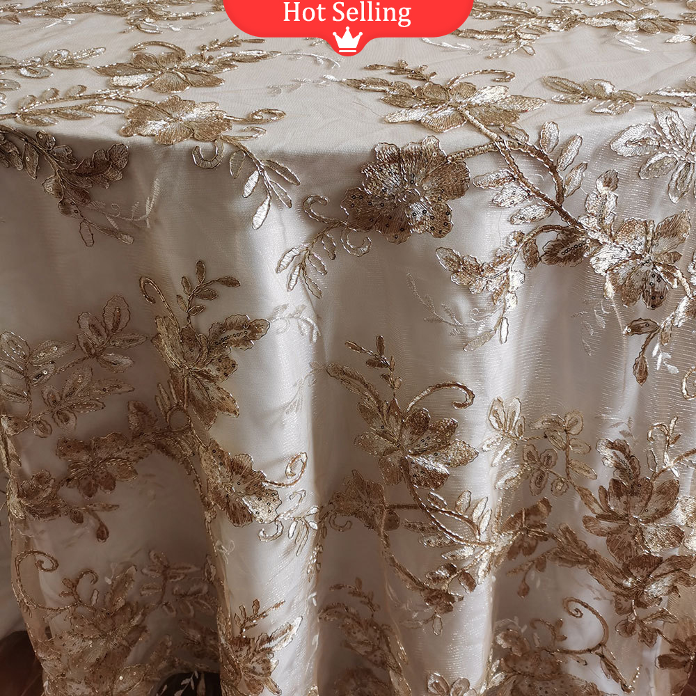 120 Inch Retro Golden Line Floral Guipure Mesh Lace Table Overlay  Embroidery Tulle Lace Trim Tablecloth for Luxury Wedding, image size:1000x1000