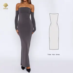 Luluxixiyaya Acabado limpio Doble capa Rayón Slim Fit Tube Top Straight Bottom Lux Maxi Elegant Lady Vestidos de mujer