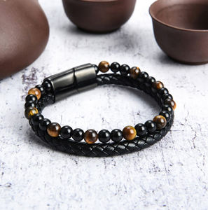 Pulsera de cuentas de piedra Natural para hombre, brazalete de piel trenzada, Ojo de Tigre, amistad, moda más vendida - Product Image 2
